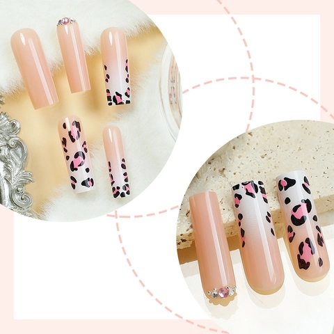 Press On Nails Long Coffin Square Pink French Gradient Leopard Print Art Artificial Nails With Rhinestones Beads Women