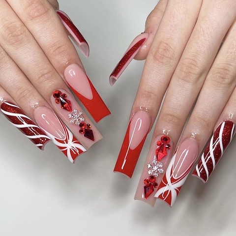 Christmas Long Square Press On Nails Red French Tip Rhinestone Snowflake Glitter False Nails For Women