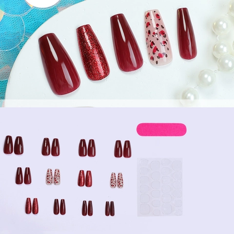 Coffin Shape Press On Nails Wine Red Leopard Print Shimmer Cat Eye Effect Long Artificial Fake Nails