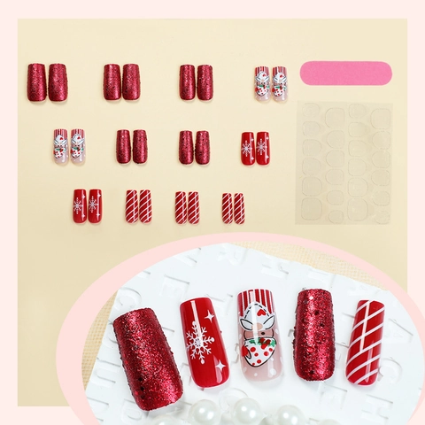 Kerst Press On Nails Lange Coffin Vorm Kunstnagels Rood Wit Kerstman Sneeuwvlok Patronen Glitter Kunstmatige Vingernagels Voor Dames