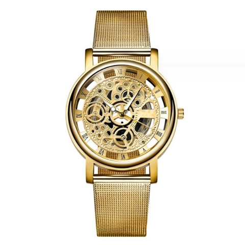 Herren Quarzuhr Mode Skelett Design Römische Ziffern Analog Legierung Netzarmband Transparentes Zifferblatt Luxus