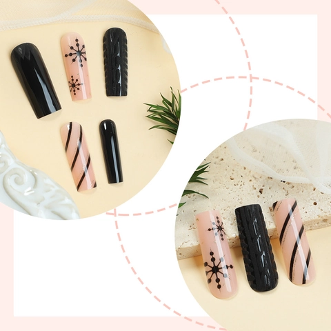 Uñas Postizas Largas Coffin Textura De Suéter 3D Copo De Nieve Negro Estilo Invierno Navidad Mate