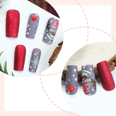 Christmas Press On Nails Medium Long Square Red Glitter Elk Snowflakes Winter Holiday Fake Nails With Adhesive Tabs And File