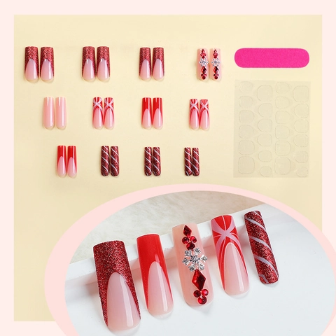 Christmas Long Square Press On Nails Red French Tip Rhinestone Snowflake Glitter False Nails For Women