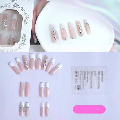 Unghie Finte Di Lusso Forma A Bara Lunga Punte Francesi Bianche Base Rosa Nude Strass Unghie Artificiali Per Donna