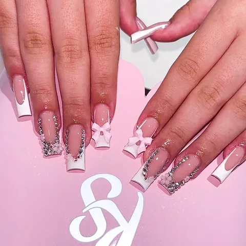 Lange Sarg Aufpressnägel Französisch Rosa Weiße Spitze Mit 3D Schleife Strass Und Blume Dekorationen DIY Maniküre Frauen