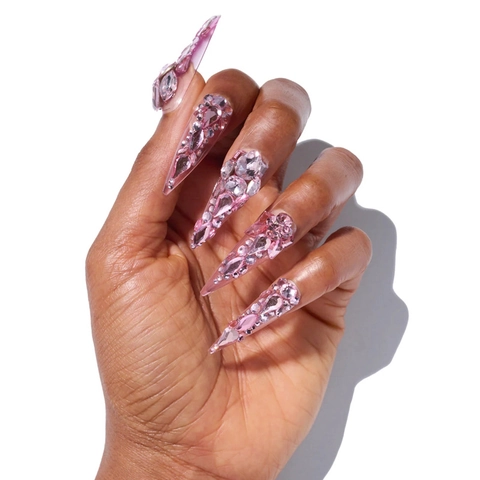 Unghie Finte Rosa Lunghe Stiletto Con Strass Lucidi Unghie A Pressione Scintillanti Per Decorazione Manicure Donna