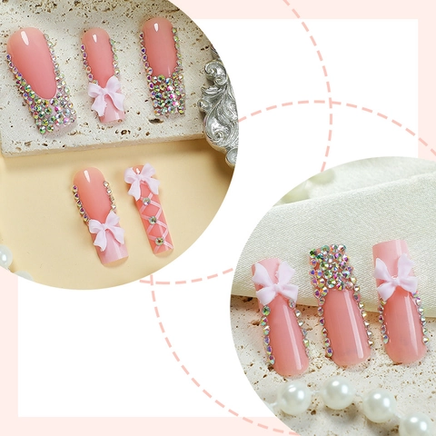 Uñas Postizas Largas Estilo Francés Con Lazo 3D Y Diamantes De Imitación Forma Cuadrada Elegantes Para Mujeres