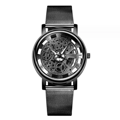 Heren Quartz Horloge Mode Skelet Ontwerp Romeinse Cijfers Analoog Legering Gaasband Transparante Wijzerplaat Luxe