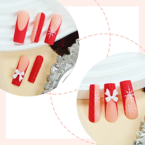 Kerst Press On Nagels Sneeuwvlok 3D Strik Breipatroon Lange Doodskist Vorm Rood Nude Roze Kunstnagels Dames