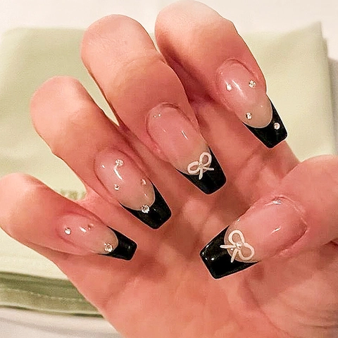 Uñas Postizas Press On Negras Francesas Con Lazo Blanco Diamantes De Imitación Forma Ataúd Larga Manicura Para Mujeres
