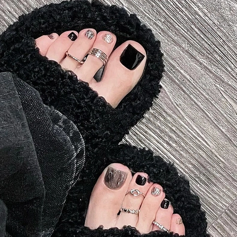 Faux Ongles Pieds À Presser Marbre Noir Or Brillant Paillettes Style Luxe Pour Femmes Manucure Pieds DIY Accessoires