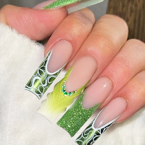 Press On Nails Long Coffin Green Glitter French Tip Rhinestones Marble Design False Nails With Jelly Glue Nail File For Women