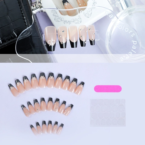 Uñas Postizas Press On Negras Francesas Con Lazo Blanco Diamantes De Imitación Forma Ataúd Larga Manicura Para Mujeres