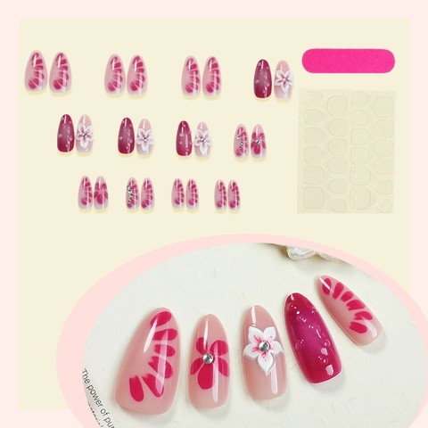 Unghie Finte A Pressione Fatte A Mano Mandorla Lunga Punte Unghie Fiori 3D Strass Stile Francese Manicure Lucida Per Donne