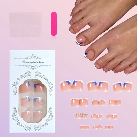 Toe Press On Nails French White Tip Blue Butterfly Rhinestone Square Artificial Fake Nails For Women Summer Style