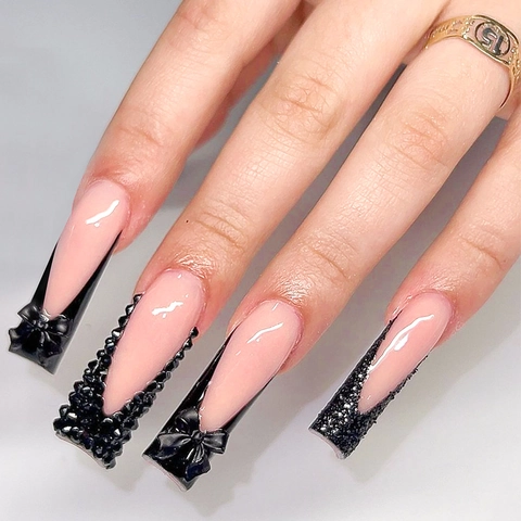 Long Square Press On Nails Coffin Black French Tip Nude Pink Base 3D Bow Rhinestone Shimmer Glitter Handmade Fake Nails