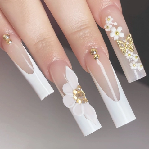 Handmade French White Tip Press On Nails Long Square With 3D Flowers Gold Butterfly Rhinestone Elegant Fake Nails For Women