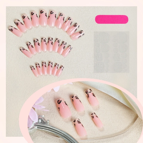 Press On Nails French Tip Leopard Print Square Fake Nails Glossy Full Cover Nude Pink Fashionable Manicure For Women
