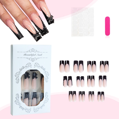 Long Square Press On Nails Coffin Black French Tip Nude Pink Base 3D Bow Rhinestone Shimmer Glitter Handmade Fake Nails