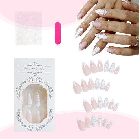 Unghie Finte Press On Rosa Bianco French Tip Forma Mandorla Motivo Coccodrillo Lunghe Lucide ABS Per Donne Manicure DIY