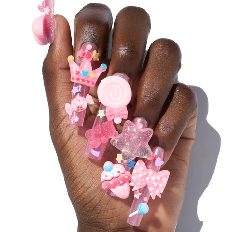 Press On Nails 3D Resin Charms Long Coffin Fake Nails Pink Metallic Y2K Sweet False Nails With Adhesive Tabs Nail File