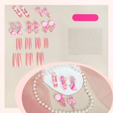 Press On Nails 3D Resin Charms Long Coffin Fake Nails Pink Metallic Y2K Sweet False Nails With Adhesive Tabs Nail File