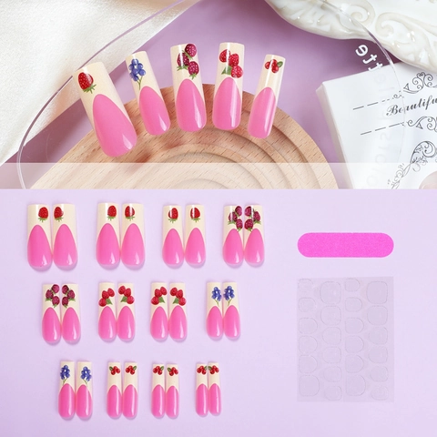Unghie Finte Press On Coffin Lunghe Motivo Frutta Fragola Ciliegia Bacche Stampa French Tip Unghie Artificiali Con Linguette Adesive