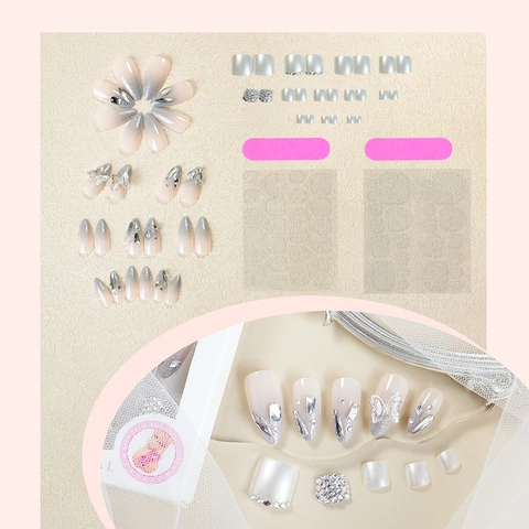 Butterfly Decor Crystal Rhinestone Press On Nails For Finger And Toe French Tip Silver Glitter Almond Square DIY Manicure