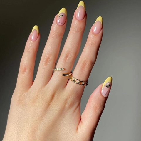 Uñas Postizas Press On Con Punta Francesa Amarilla Forma De Almendra Largas Lindos Patrones De Abeja Uñas Artificiales