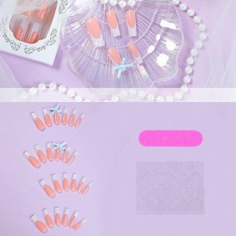 French Press On Nails Long Square With 3D Ribbon Bow And Artificial Pearls Nude White Blue Elegant Manicure For Women