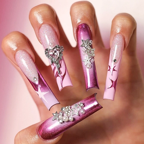Ongles À Presser Longue Forme Cercueil Dégradé Rose Violet Style Y2K 3D Étoile Cœur Strass Künstliche Perle Faux Ongles Amovibles