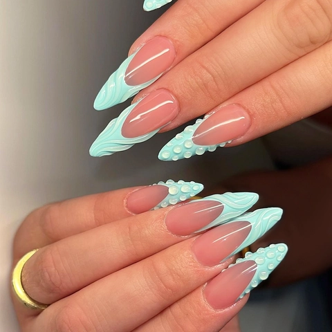 Extra Long Coffin Press On Nails 3D Relief Texture French Tip Gradient Mint Green Nude Pink ABS Chic False Nails For Women