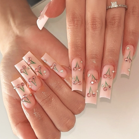 Unghie Finte A Pressione Lungo Bara Design Ciliegia Strass Rosa Nude Jelly Per Donne Con Linguette Adesive E Lima