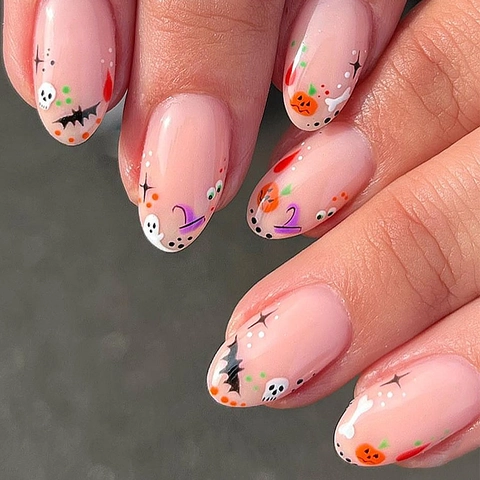 Halloween Press On Nails Ghost Pumpkin Bat Patterns Glossy Artificial Nails For Women Manicure Decor Cute Novelty DIY