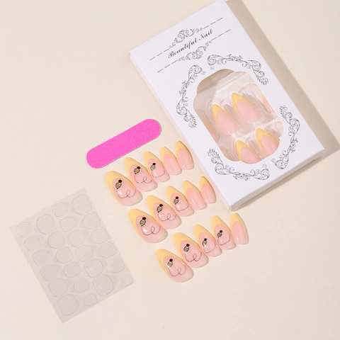 Uñas Postizas Press On Con Punta Francesa Amarilla Forma De Almendra Largas Lindos Patrones De Abeja Uñas Artificiales
