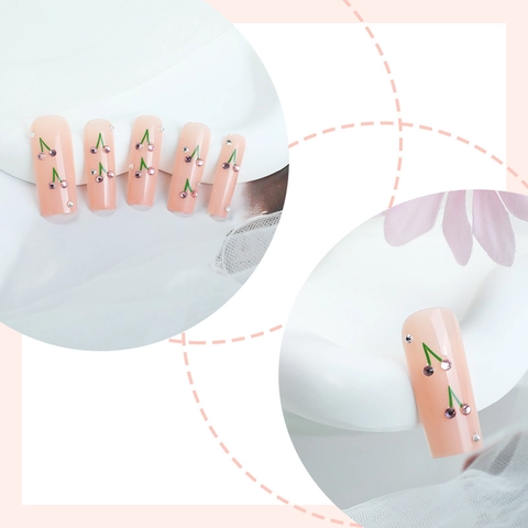 Unghie Finte A Pressione Lungo Bara Design Ciliegia Strass Rosa Nude Jelly Per Donne Con Linguette Adesive E Lima