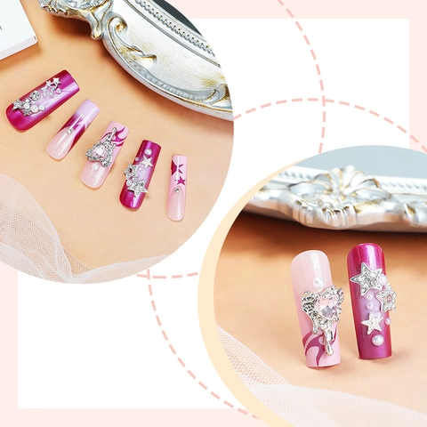 Ongles À Presser Longue Forme Cercueil Dégradé Rose Violet Style Y2K 3D Étoile Cœur Strass Künstliche Perle Faux Ongles Amovibles
