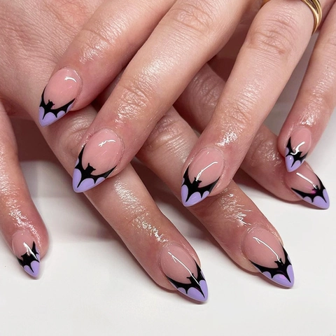 Halloween Press On Nagels Frans Amandel Lange Stiletto Paars Vleermuisvleugels Gothische Kunstnagels Dames Manicure