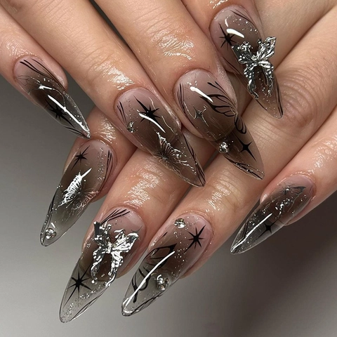 Butterfly Press On Nails Long Stiletto Black Silver Gradient Gothic Y2K With Rhinestones And Alloy Charms False Nails