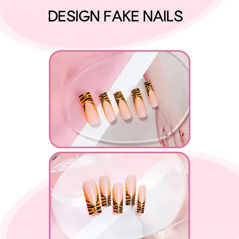 Unghie Finte Quadrate Lunghe Press On Leopardate Tigrate Stile Francese Kit Manicure Con Linguette Adesive E Lima Per Unghie