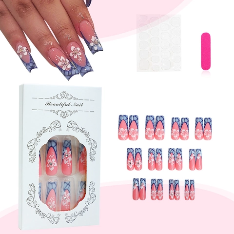 Coffin Press On Nails Long French Pink White Flower Pattern Blue Grid Rhinestone False Nails With Jelly Glue And File
