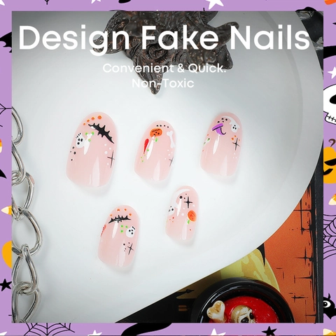 Halloween Press On Nails Ghost Pumpkin Bat Patterns Glossy Artificial Nails For Women Manicure Decor Cute Novelty DIY