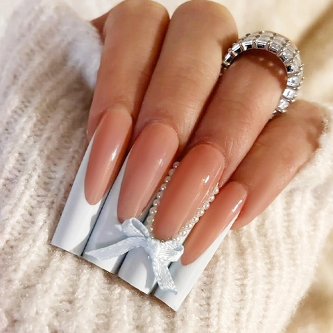 French Press On Nails Long Square With 3D Ribbon Bow And Artificial Pearls Nude White Blue Elegant Manicure For Women