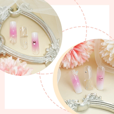 Press On Nägel 3D Schmetterling Strass Stern Farbverlauf Rosa Lange Sargform Französischer Stil Künstliche Nägel