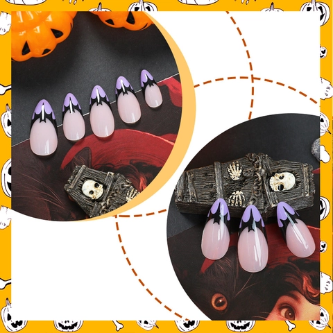 Halloween Press On Nagels Frans Amandel Lange Stiletto Paars Vleermuisvleugels Gothische Kunstnagels Dames Manicure