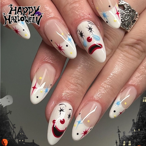 Faux Ongles Press On Halloween Motif Clown Amande Style Français Avec Design Étoiles Points Pour Femmes Manucure Plastique