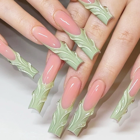 Press On Nägel Lange Sargform Mit 3D Relief Linien Französisches Design Rosa Weiß Künstliche Fingernägel Für Frauen Elegante Maniküre