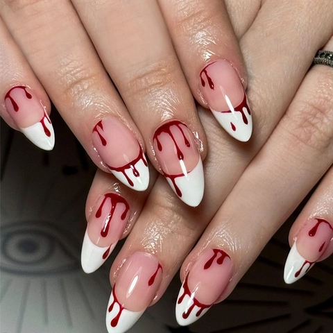 Halloween Uñas Postizas Largas Stiletto Gotas De Sangre Estilo Francés Blanco Con Pestañas Adhesivas Y Lima