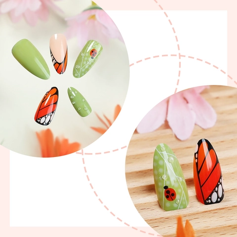 Almond Press On Nägel Schmetterlingsflügel Marienkäfer Grünes Blatt Design Mit 3D Wassertropfen Glänzende Falsche Nägel